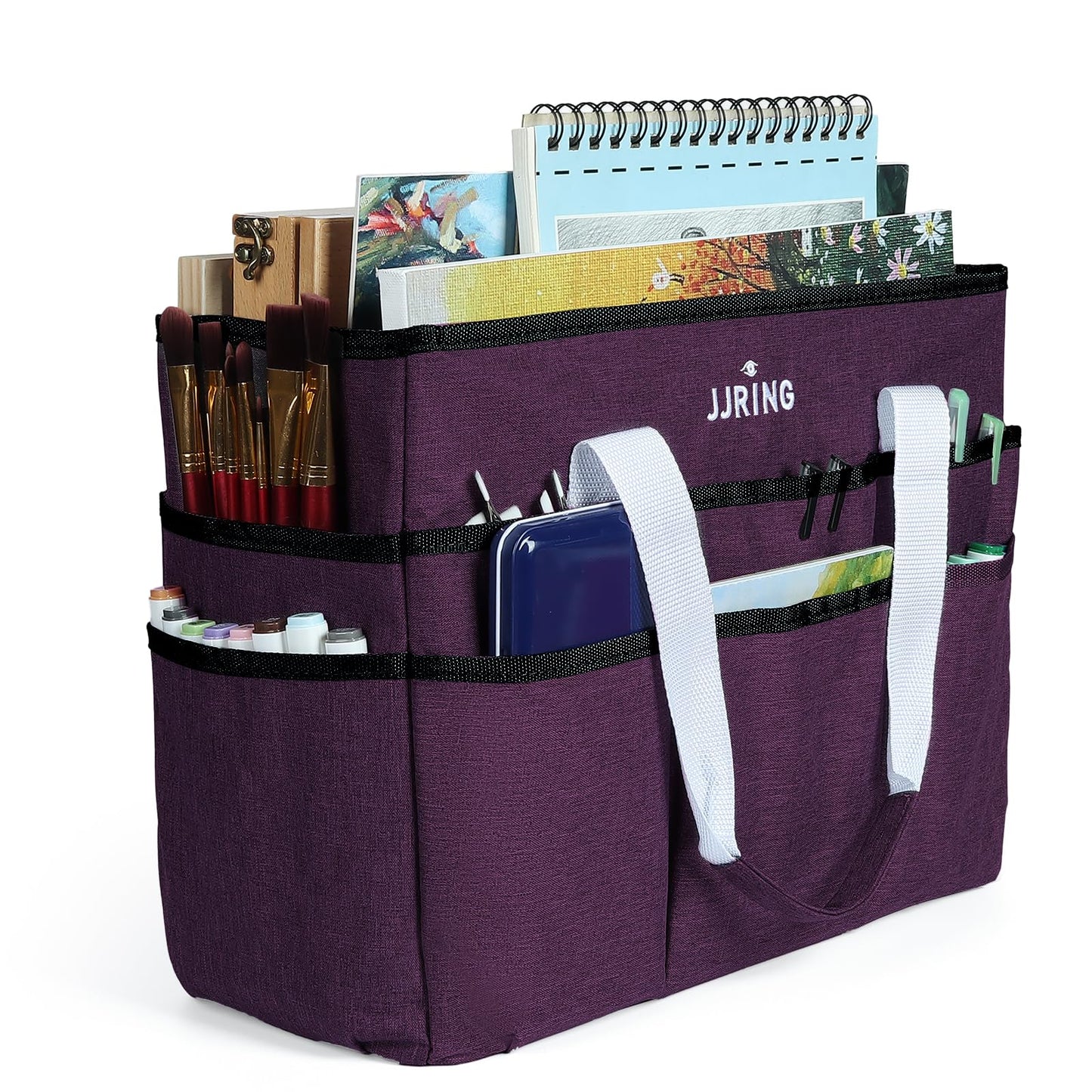 JJRING Craft Organizer Tote Bag, Large Art Storage Caddy with Multiple Pockets, Deep Purple Sewing Bag for Art, Craft, Scrapbooking, Medical, and Office Supplies Storage