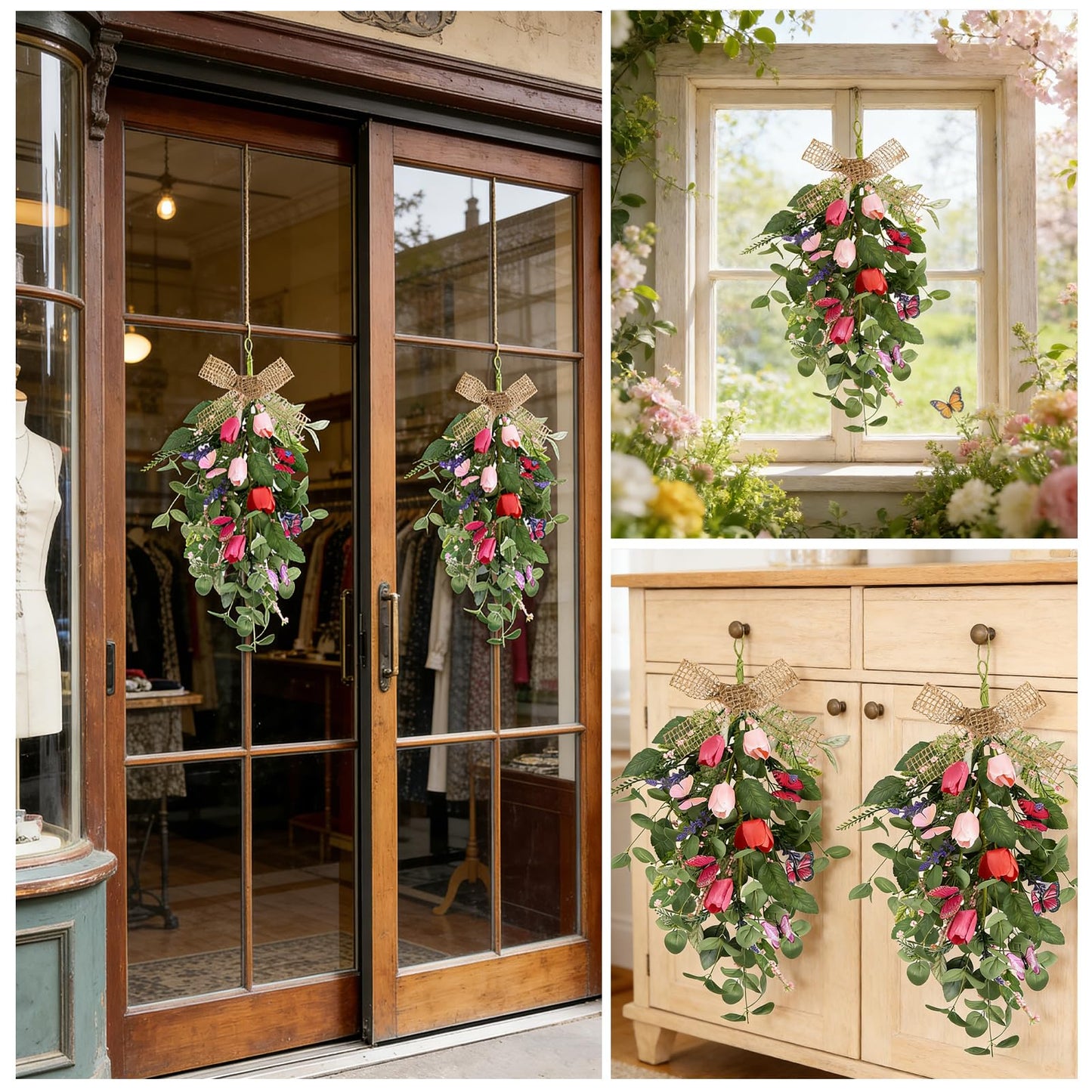 4 PCS Tulip Teardrop Swag 22" Spring Wreaths for Front Door with Purple Tassels Eucalyptus Leaves Ferns Butterflies for Indoor Outdoor Wall Festival Home Farmhouse Wedding Decor