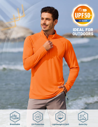 TACVASEN Running Shirts for Men Long Sleeve UV Protection 1/4 Zip Shirts for Athletic Summer Tops for Mens Rash Guard Golf T-Shirts Orange XXL