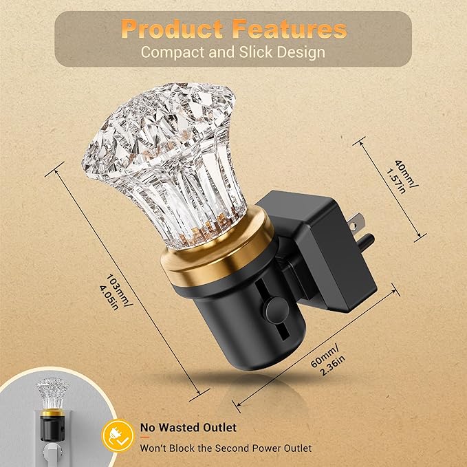 JandCase Night Lights Plug into Wall, Dimmable Night Light Pulg in, Diamond Automatic Night Lights with Auto Light Sensor, Adjustable Brightness 3000K LED Night Light, for Bedroom Hallway