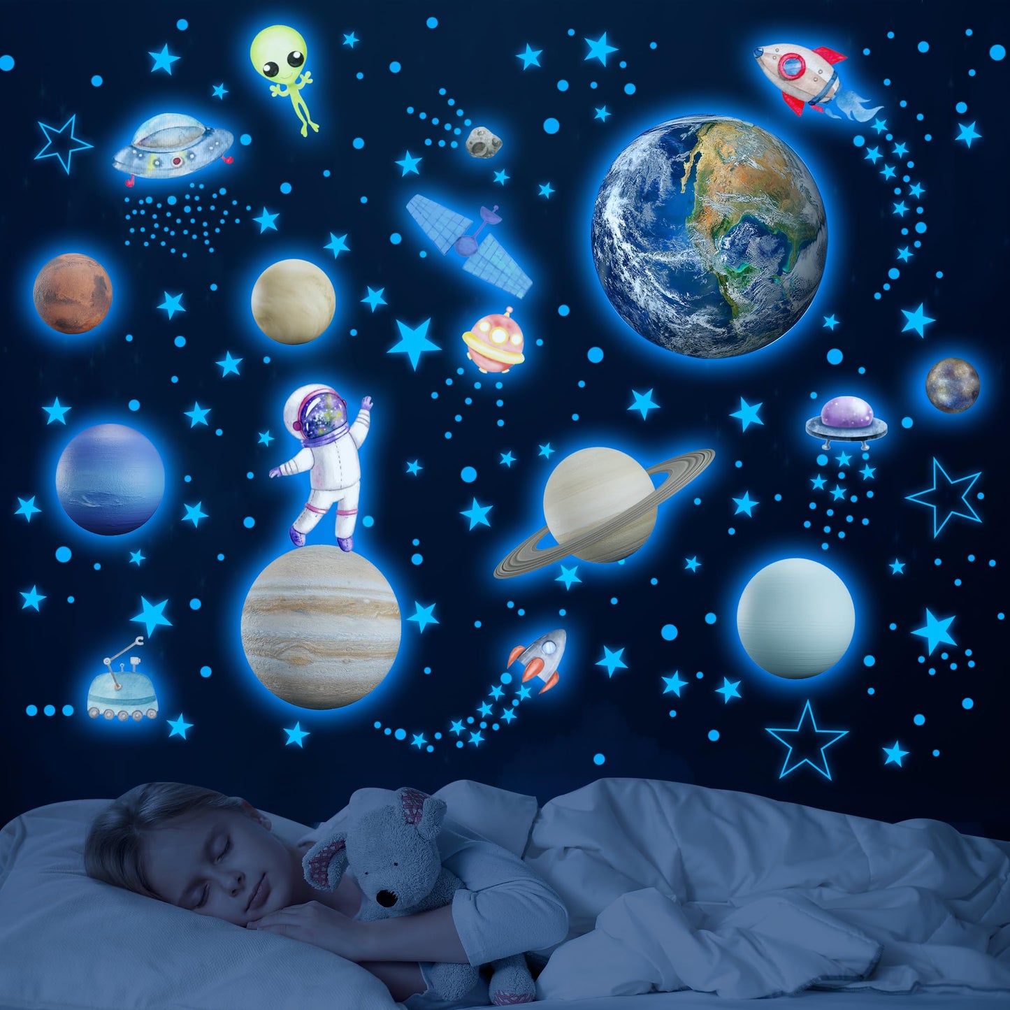 Glow in The Dark Stars Solar System Wall Decals, Star and Planets Stickers for Ceiling, Kids Wall Sticker Space Room Decor (Blue)