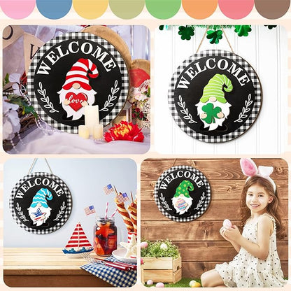 Qunclay Interchangeable Wooden Gnome Decor Holiday Seasonal Gnome Decorations with Magnet Pieces and Detachable Hats Changeable Welcome Sign for Home(Stylish)