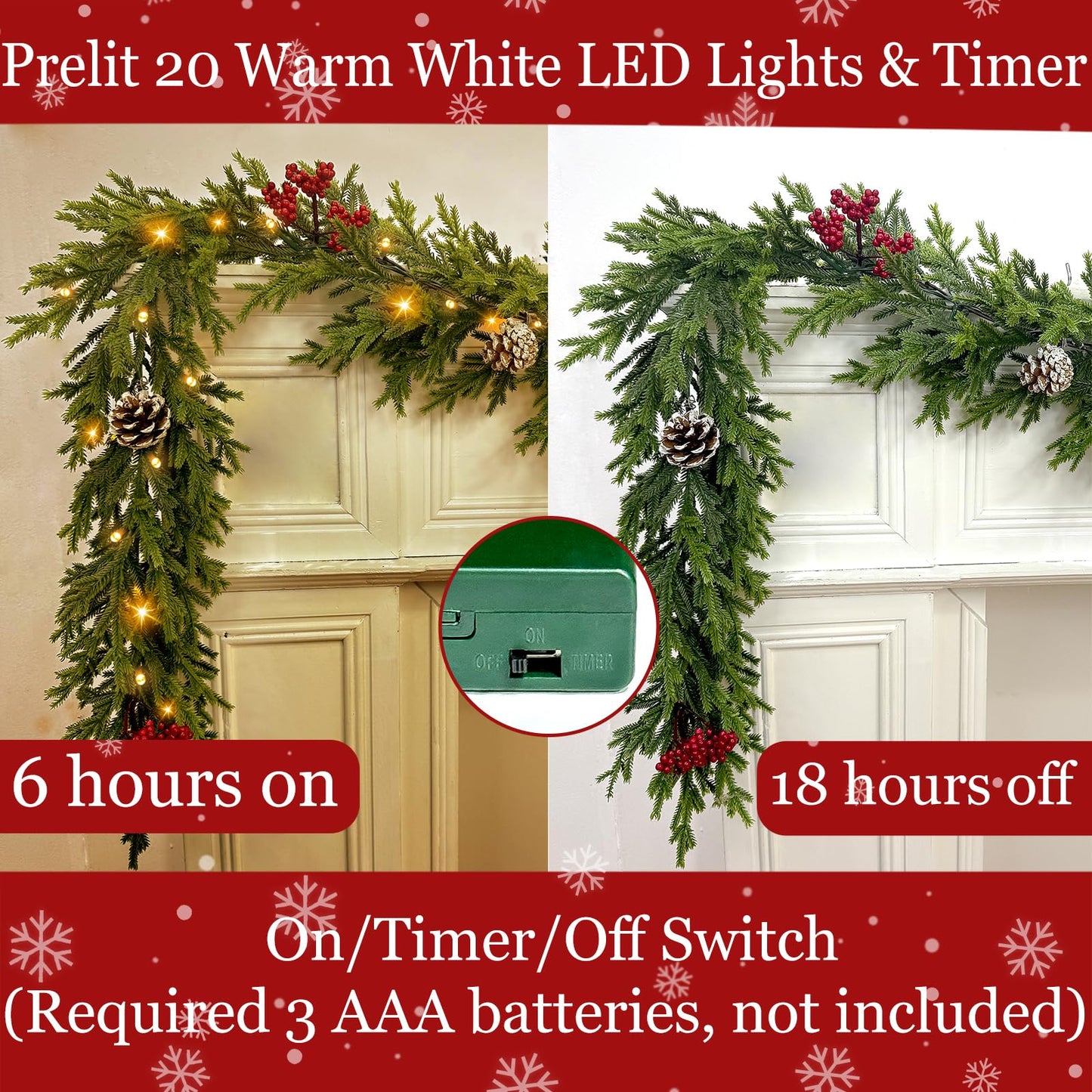 6FT Pre-lit Christmas Cedar Garland with 20 Warm White LEDs Timer Red Berries Pinecones and Soft Vine, Lighted Christmas Garland for Mantle, Table, Fireplace, Wall, Stairs, Indoor, Outdoor Xmas Decor