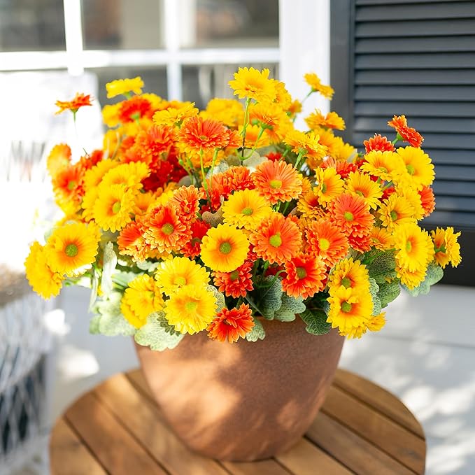 HyeFlora Dahlia Artificial Fall Flowers for Outdoors Autumn Decoration, 6 Bundles Fake Mums Faux Flowers Plants Realistic UV Resistant Silk Flowers for Outside Planter Yard Garden Home, Orange Yellow