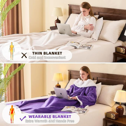 IFNOW Sherpa Wearable Blanket with Sleeves for Women Men Adults, Cozy Wearable Blanket with Arm and Pocket, Warm Full Body TV Wrap Throw Blanket, Soft Robe Blanket as Gifts for Mom Wife, Purple