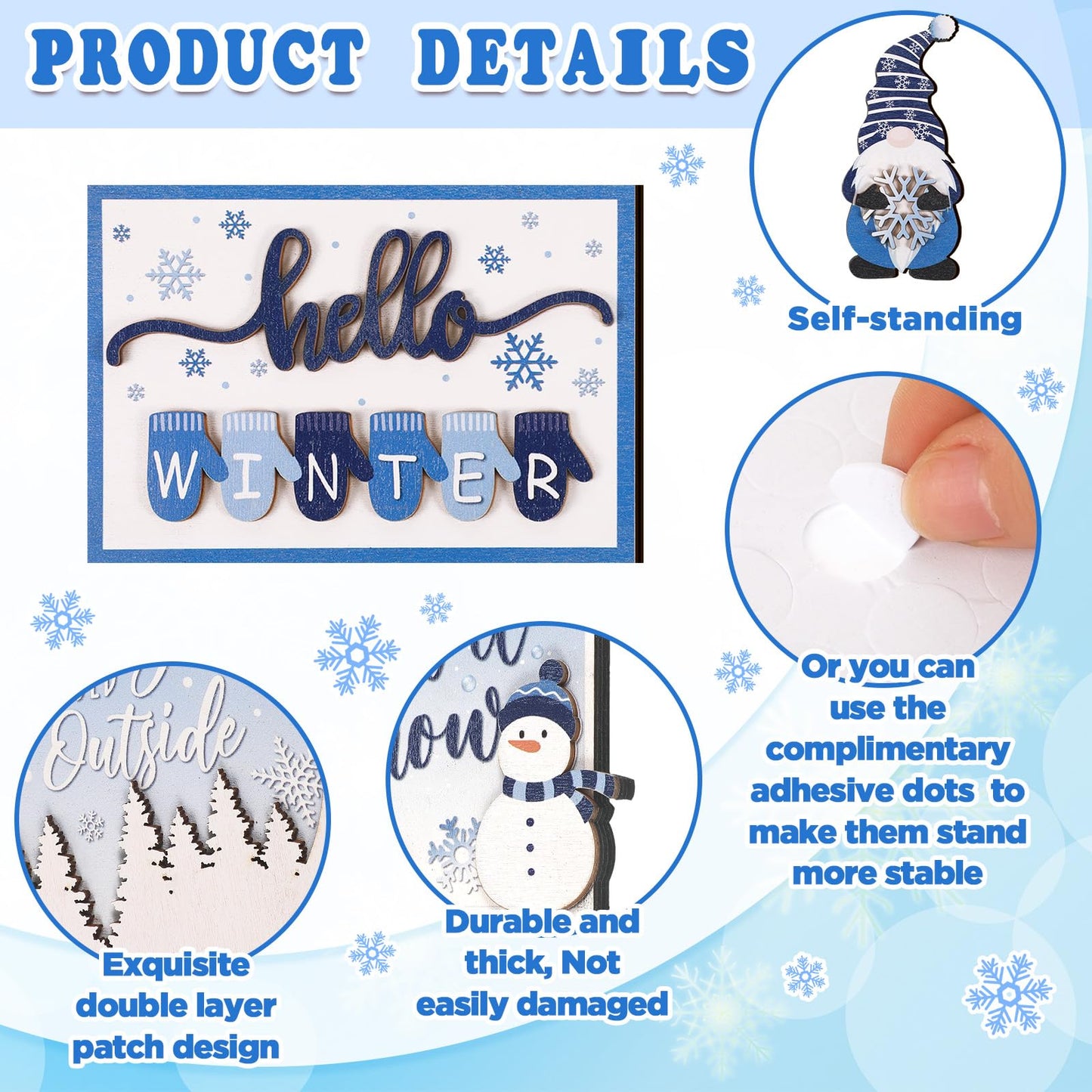 Kajaia 15 Pcs Winter Tiered Tray Decor Christmas Tiered Tray Decorations Set Snowman Snowflake Gingerbread Man Hot Cocoa Wooden Signs Farmhouse Winter Table Decorations(Snowflake)