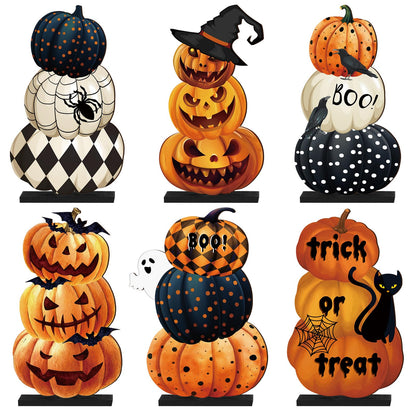 Soaoo 6 Pcs Halloween Table Decoration Pumpkin Table Centerpiece Home Ornament Indoor Wooden Sign for Halloween Party Dinner Kitchen Decor