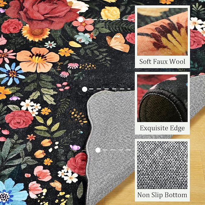 Washable Rugs for Living Room: 5x7 Area Rugs for Bedroom Soft Ultra Thin Stain Resistant Non Slip Low Pile Lightweight Vintage Floral Carpet for Dining Room Decor (Black)