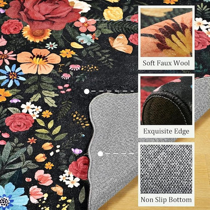 Washable Rugs for Living Room: 6x9 Area Rugs for Bedroom Soft Ultra Thin Stain Resistant Non Slip Low Pile Lightweight Vintage Floral Carpet for Dining Room Decor (Black)