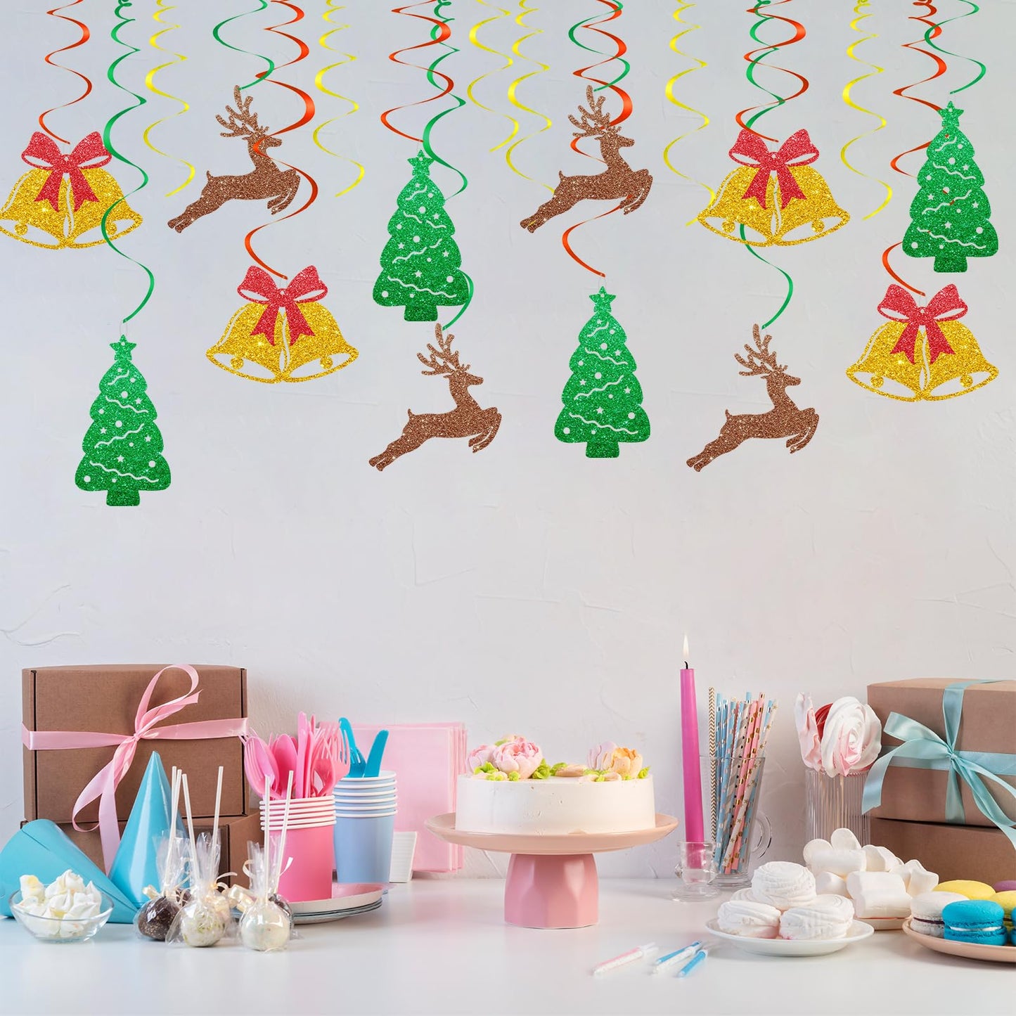30pcs Christmas Hanging Swirls, Winter Holiday Hanging Decoration, Merry Christmas Reindeer Bells Foil Ceilling Decor, Xmas Party Favors - Gold Glitter