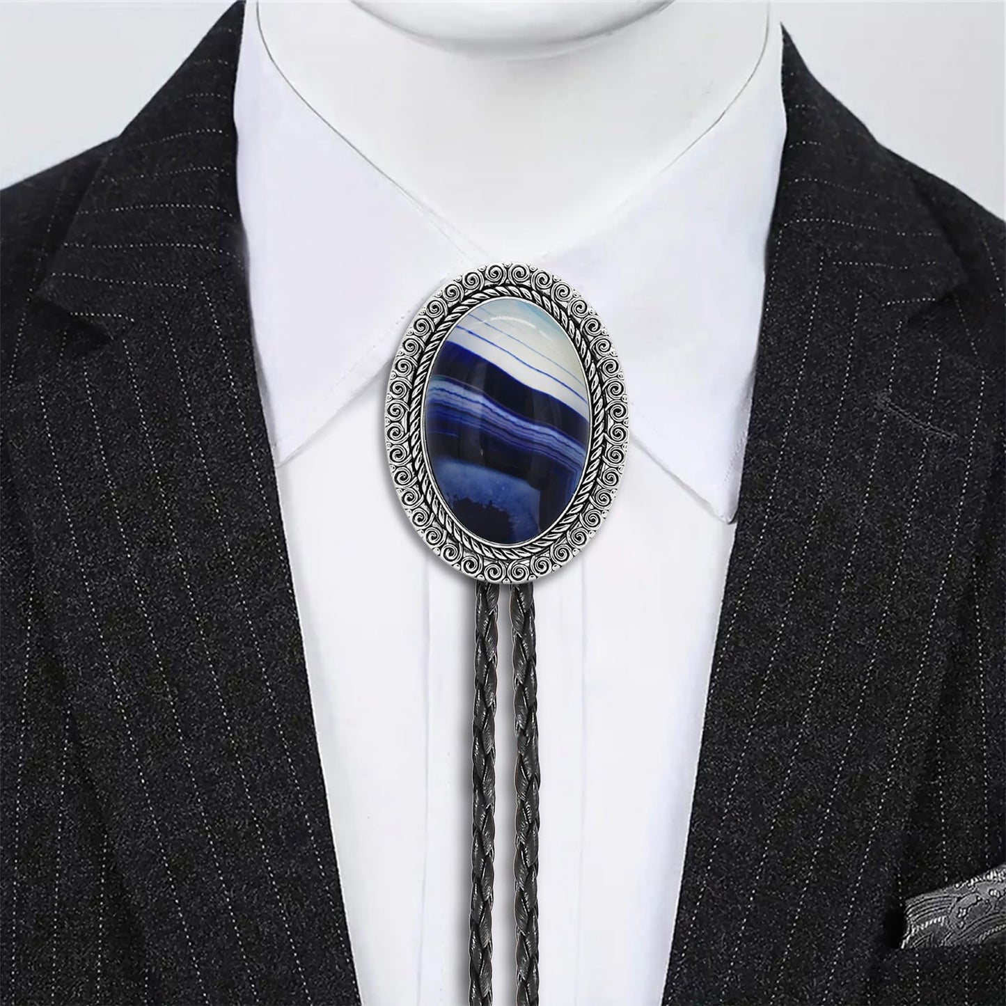 GelConnie Blue Bolo Tie for Men Western Cowboy Tie Necklace Silver Bolo Tie Leather Necktie Halloween Tie Accessories for Women