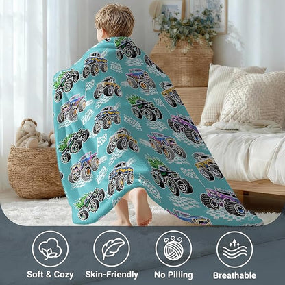 Monster Car Truck Gifts for Boys - Glow in The Dark Trucks Blanket Toys for Birthday Christmas Valentines Easter Presents for Kids Toddler Ages 2 3 4 5 6 7 8 9 10 11 12 13 Years Old Soft Throw 50"x60"
