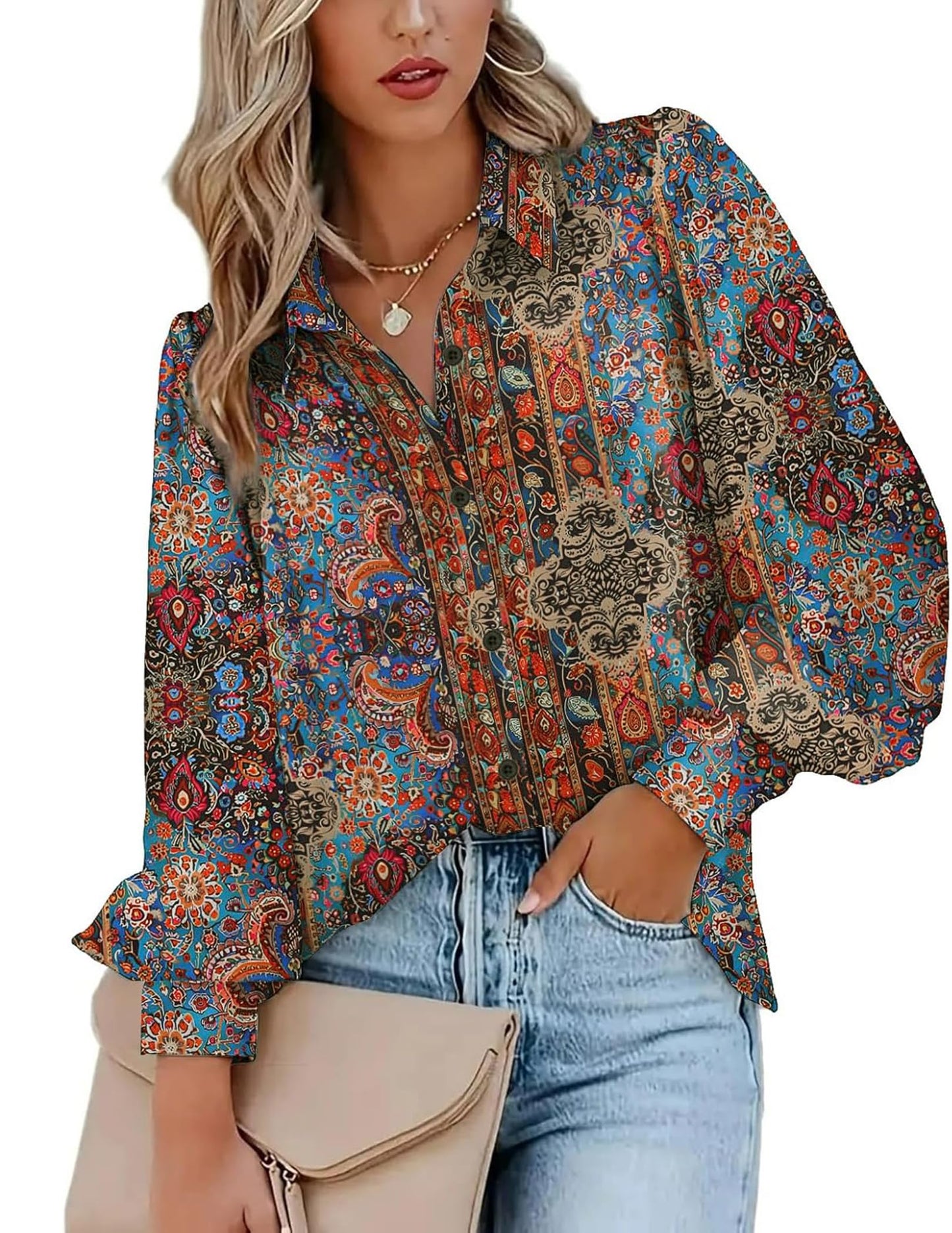 Zeagoo Womens Shirts Button Down Printed Lantern Long Sleeve Blouse Fashion Casual Tops 2025