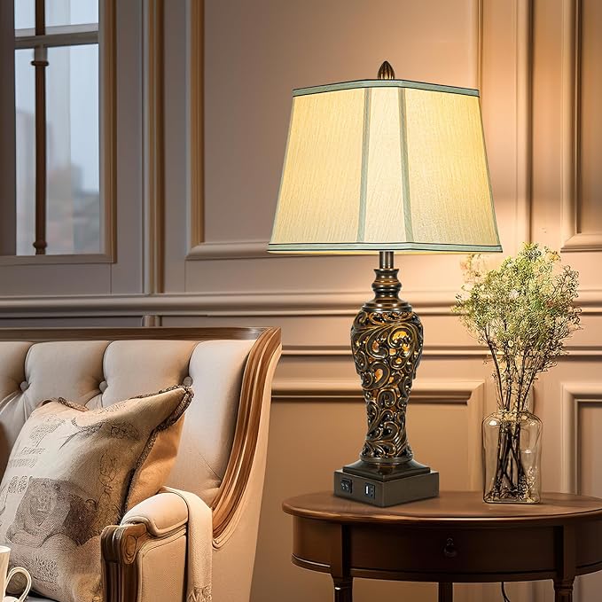 28.5" high Vintage Brown Table Lamps Set of 2 - Bedside Lamp with Faux Silk Shades - for Bedroom and Living Room with USB and Nightlight - Perfect for Nightstands and Bedrooms (Bulb Included)