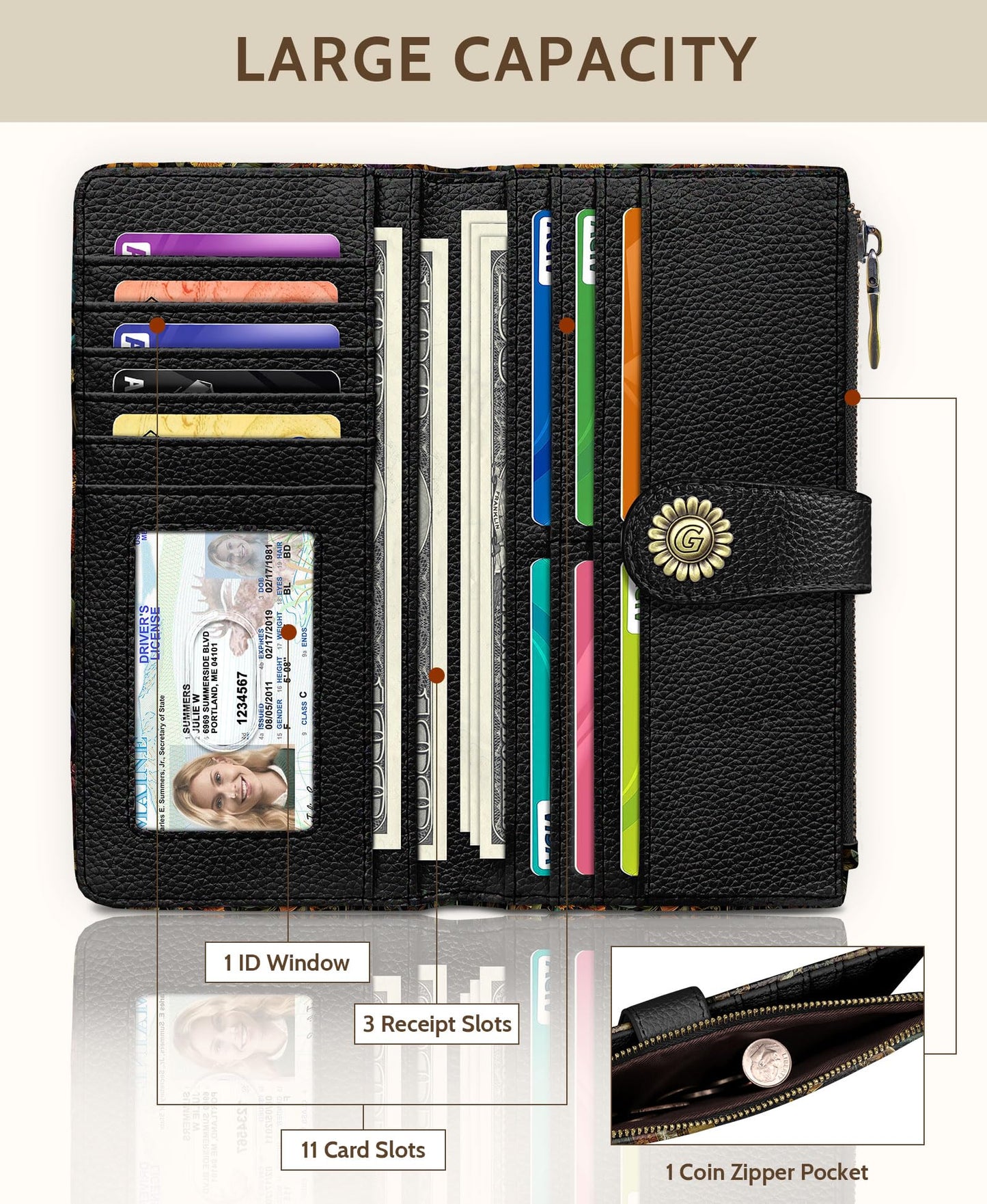 GIANCOMICS Black Cat Book Shelf Womens Wallet RFID Blocking, Witchy Credit Card Holder Bifold, PU Leather Travel Billfold, Long Cute Cash Purse, Zipper Coin Pocket Clutch, Card Slot, Ladies Gift Woman
