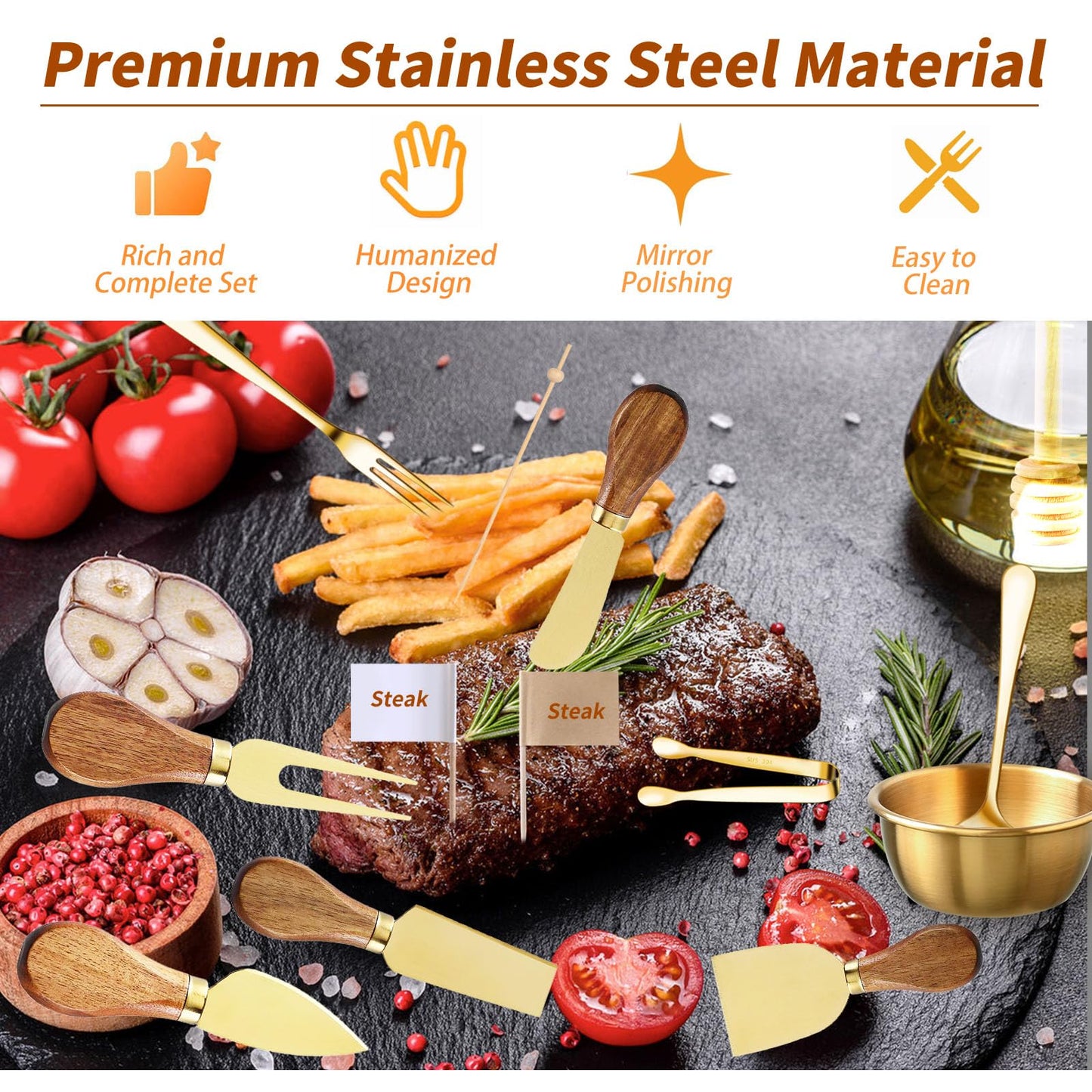 46Pcs Charcuterie Boards Accessories Small Serving Utensil Set Cheese Butter Spreader Knives Mini Stainless Steel Cutlery Tong Spoon Fork Bowl Wooden Toothpick for Kitchen Wedding Christmas Gift(Gold)