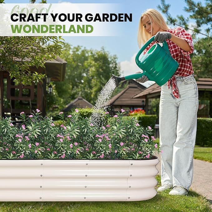 G GOOD GAIN Raised Garden Beds - 4x2x1ft Galvanized Planter Boxes Kit with Protective Tape & Gloves & Tools | Oval Metal Outdoor Raised Bed for Gardening Vegetables, Fruits, Flowers, Herbs, White