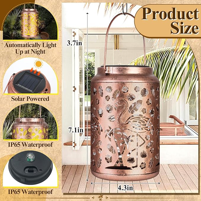 Flamingo Solar Lanterns Outdoor Waterproof Garden Decor Lantern Gifts for Mother Grandma, Retro Metal Hanging Solar Lights Decoration Outside for Yard, Patio, Backyard, Porch, Flamingo Gifts