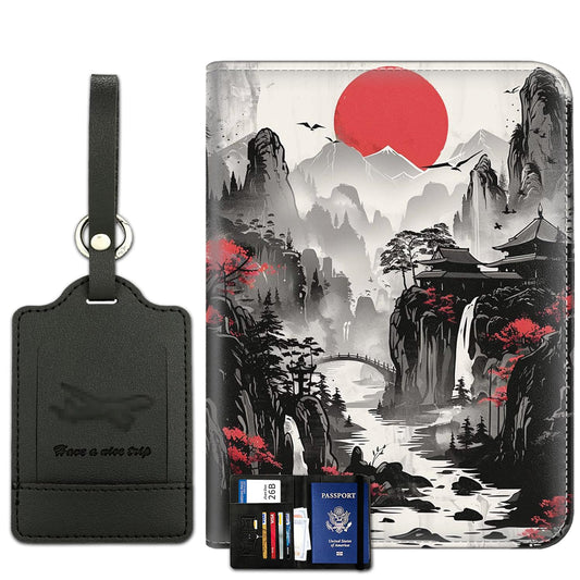 Passport Wallet, Passport Holder with RFID Blocking and Luggage Tag, Waterproof PU Leather Travel Documents Organizer Case, Passport Covers with Card Slot for Women & Men, Red Moon Japanese Landscape