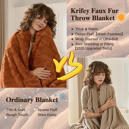 Krifey Burnt Orange Faux Fur Blanket for King Size Bed, 3D Marble Texture Soft Cozy Fuzzy Plush Thick Fall Blanket, Birthday for Women Mom Girlfriend, Camel, 108x90in