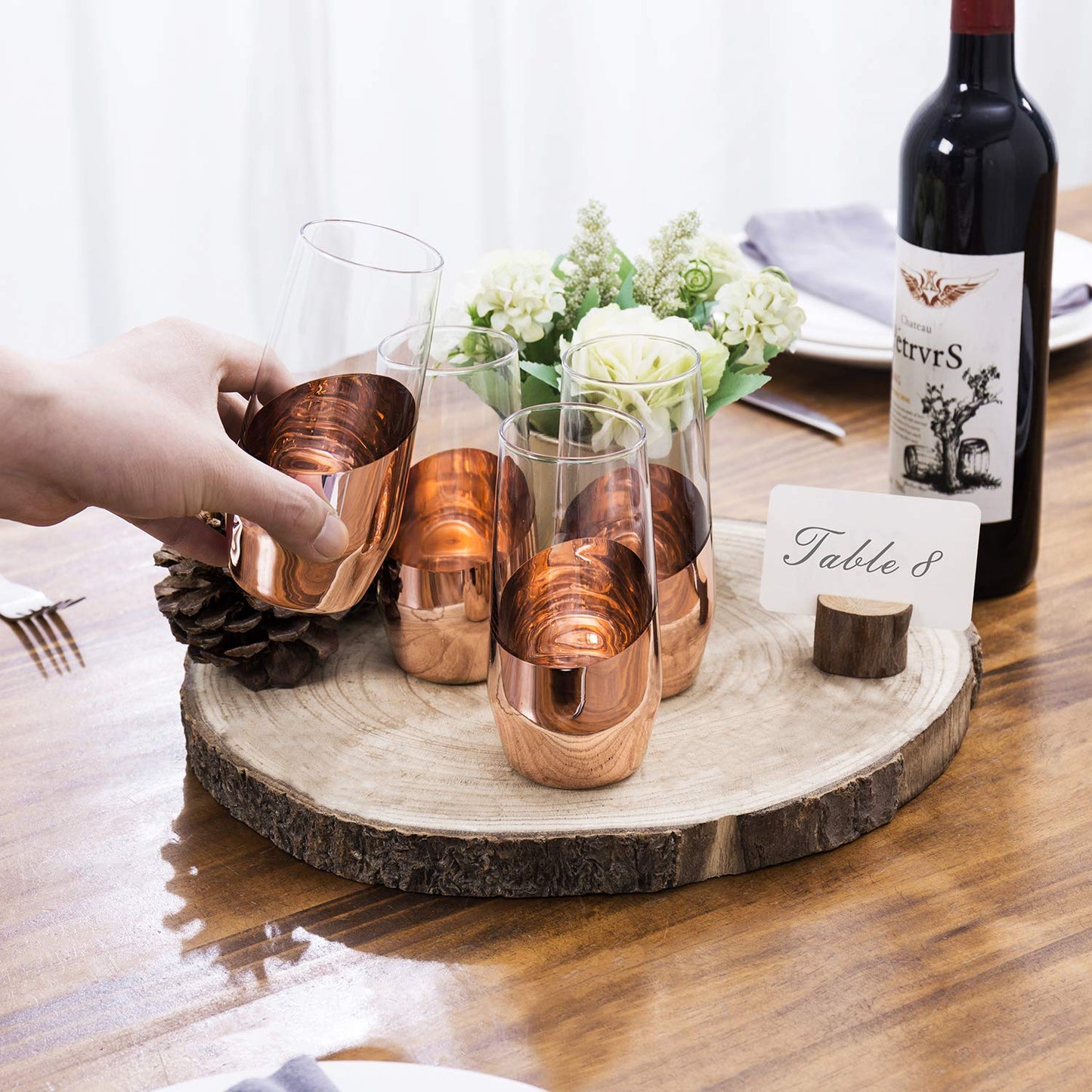 MyGift Modern Champagne Flutes, 11 oz Tilted Design Copper Stemless Champagne Flute Glasses, Set of 4