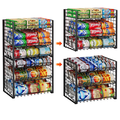 JKsmart 2-Tier Stackable Can Rack Organizer for Pantry, Adjustable Can Dispenser Holds Up to 62 Cans, Can Storage Holder for Various Ounces of Canned Food Soda Drinks, Black, 2 Pack (Petent Pending)