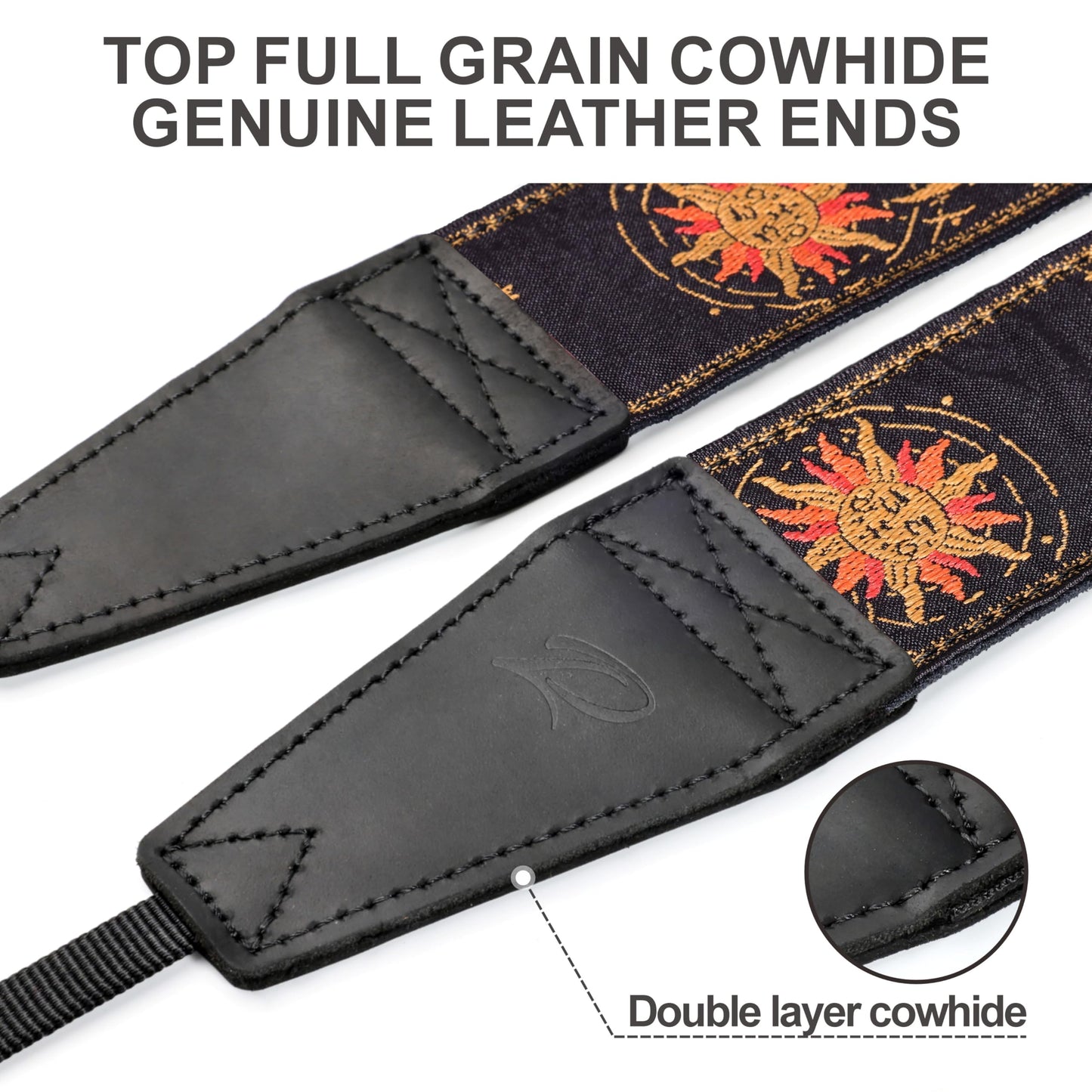 Padwa Lifestyle Helios Moon God Camera Strap -2" Full Grain Leather Ends Camera Straps for Photographers, Vintage Embroidered Cotton Weave Soft Suede Fabric Padded Strap Quick Release fits All Cameras