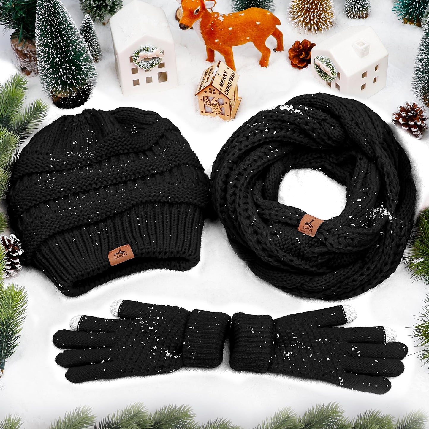 LOROME Winter Beanie Hat Scarf Gloves, Warm Fleece Knit Winter Hats Touch Screen Gloves Neck Scarf Set Winter Gifts for Women Men
