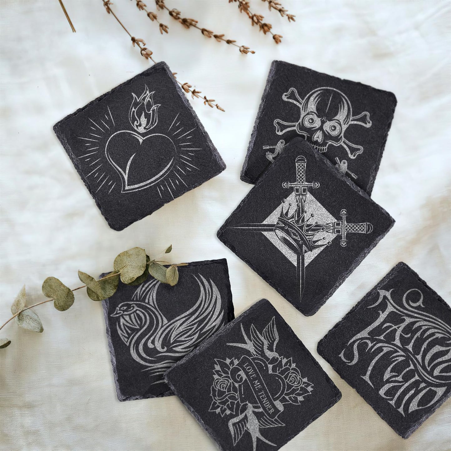 4 PCS Square Slate Drink Coasters Set, SIJDIEE 4 Inch Laser Engraving Black Slate Stone Coasters with Anti-Scratch Bottom and Coaster Holder for Office Bar Kitchen Home Dinner Table Decor Supplies