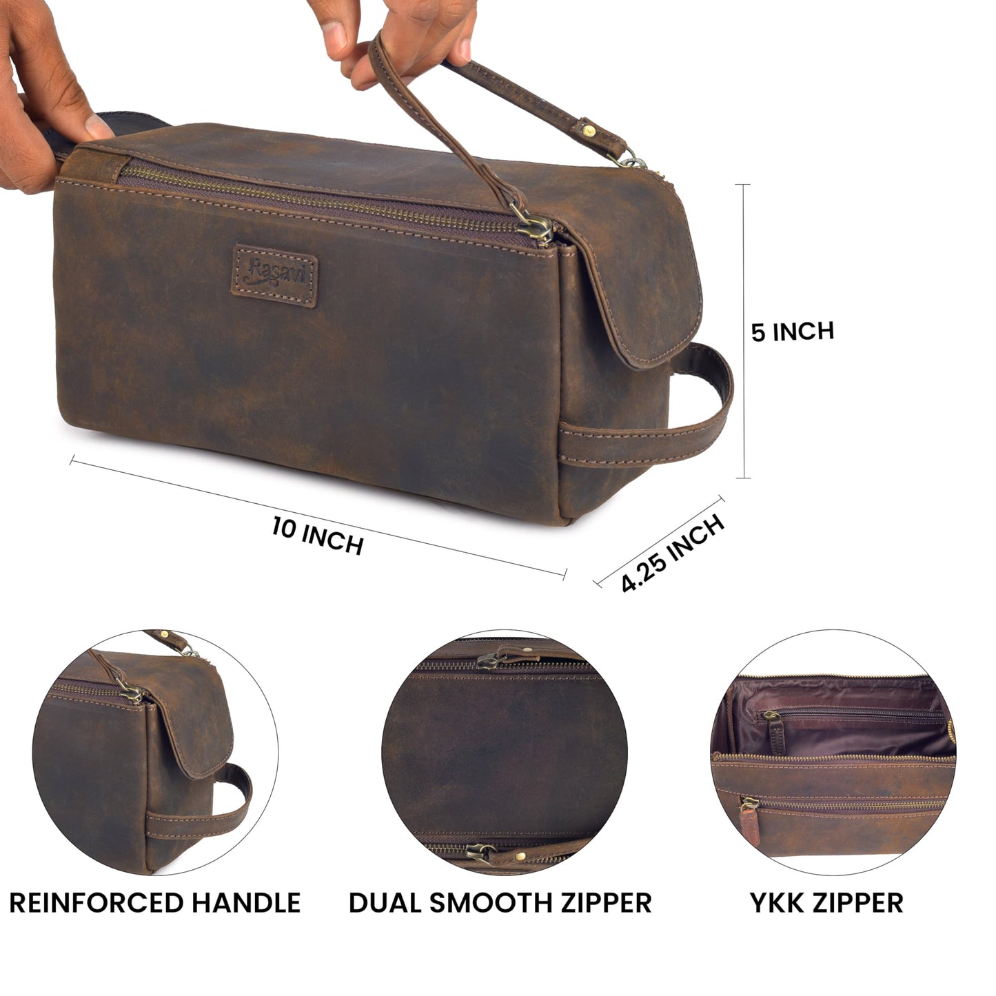 Rasavi Genuine Leather Travel Toiletry Bag for Men & Women, Handcrafted Vintage Dopp Kit, Water-Resistant Shaving & Bathroom Essentials Organizer - Rustic Brown