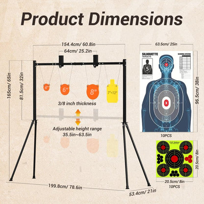 AR500 Steel Targets and Stand System Kit - 3/8" Thick with 4",6",8" Gongs & 7"x12" Torso, Adjustable 35.5"-63.5" Shooting Target Stand, Bonus 10pc Paper Targets & 10 Stickers for Outdoor Rifle Pistol