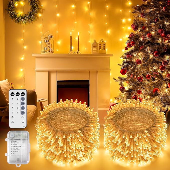 2 Pack 33Ft 200 LED String Light Battery Powered, Outdoor Waterproof Warm White String Lights with Remote, Dimmable Twinkle Lights for Bedroom Wedding Party Classroom Tree Christmas Decoration