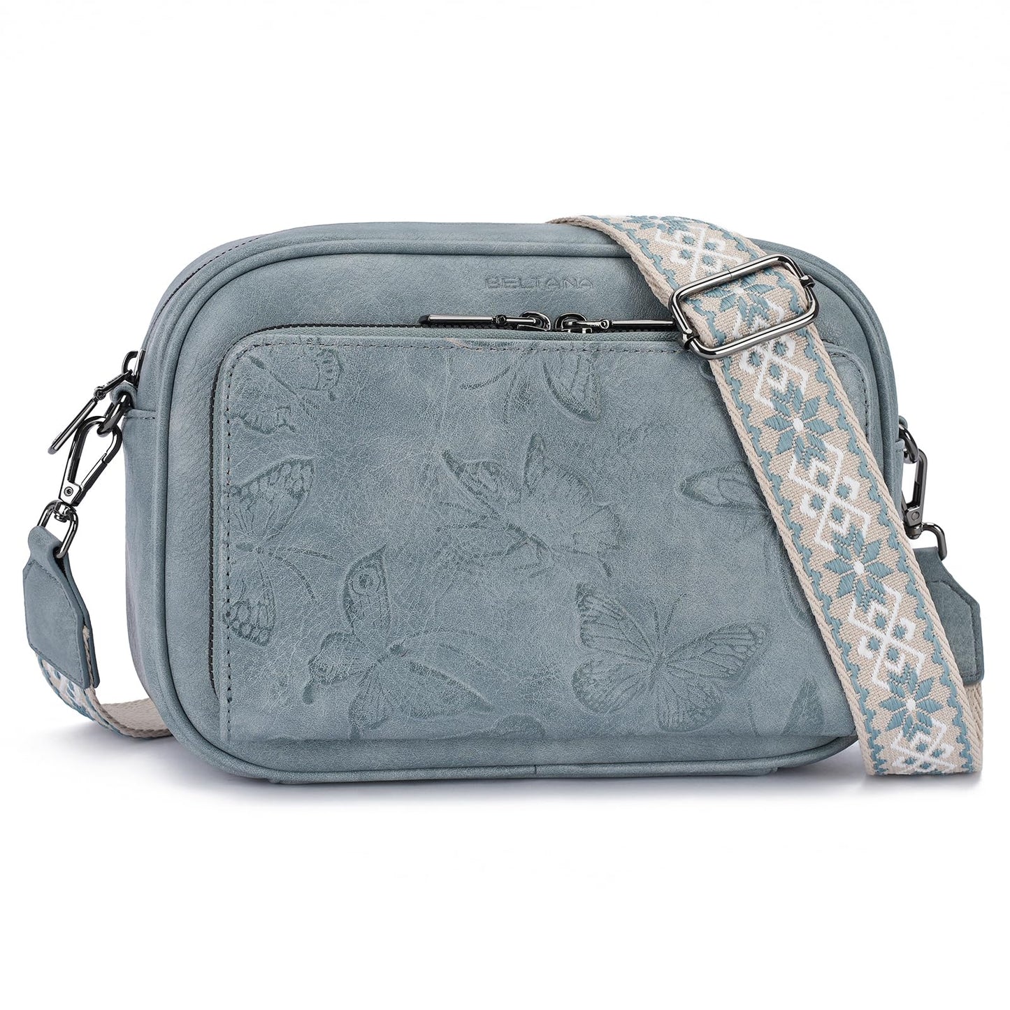 BELTANA Women's Vegan Leather Crossbody Purse with Built in Wallet, Butterfly Trendy Shoulder Handbag with Adjustable Strap (BLUE)