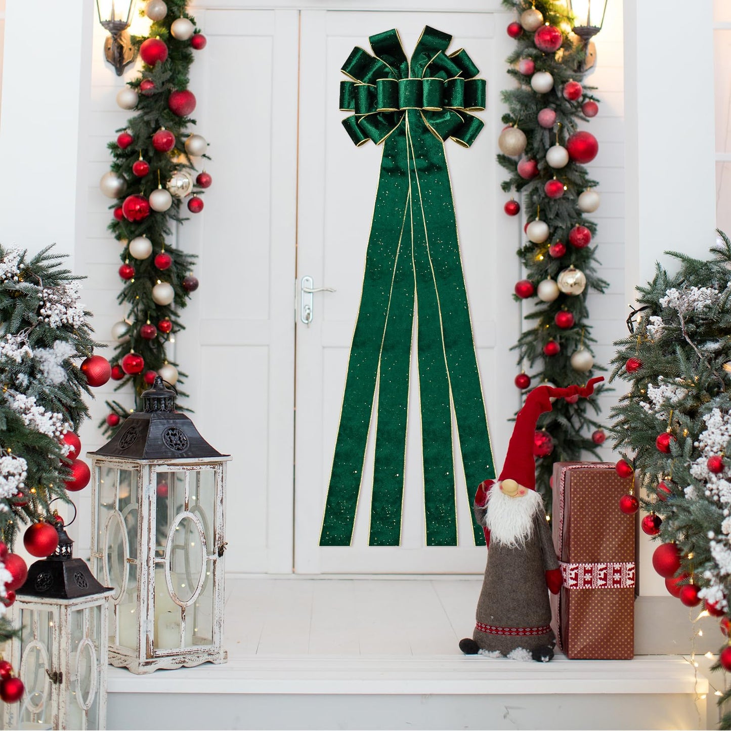 WRAPAHOLIC Large Christmas Tree Topper Bow - 13 x 52 Inch Green Glitter Christmas Tree Topper Ribbon Bow Wreath Bows with Wired Edge for Xmas Ornament Indoor Outdoor Decoration