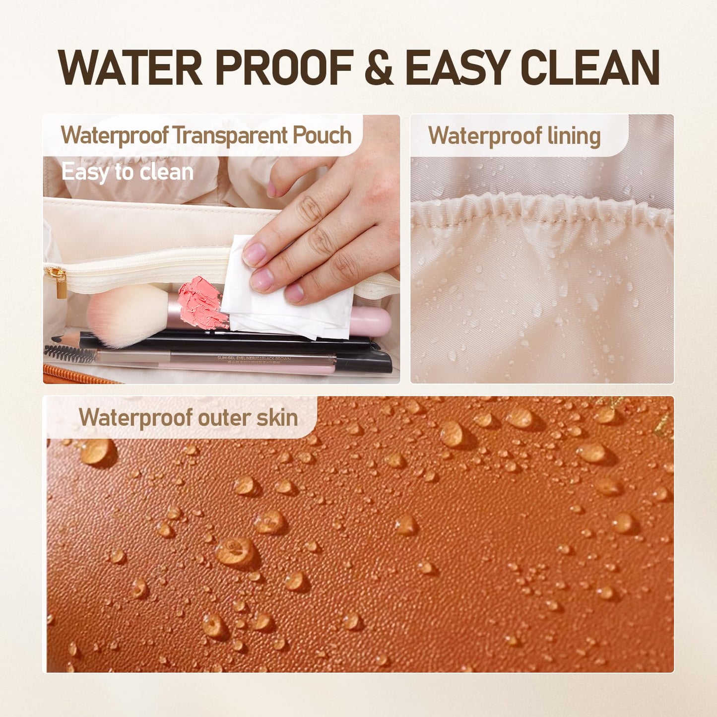 ETTP Large Capacity Cosmetic Bag for Women, Waterproof PU Leather Makeup Bag for Travel,Toiletry Bag Make up Organizer with Divider and Handle (Brown)