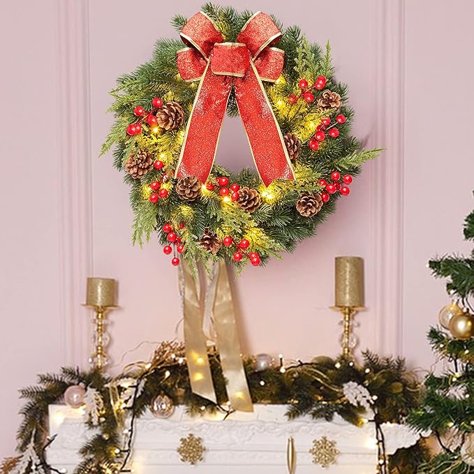 Christmas Wreath 16 Inches, with Metal Hanger, Pre-Lit Artificial Christmas Front Door Wreath Battery Operated with 40 LED Lights Christmas Decorations