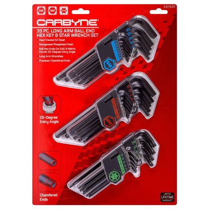 35-Piece Long Arm Ball End Hex (Allen) Key Wrench Set, Metric, SAE and Torx Keys, S2 Steel, 1.27mm to 10mm, 0.05 to 3/8 in, and T10 to T50, for Automotive, Bicycle, Household and Furniture Repair