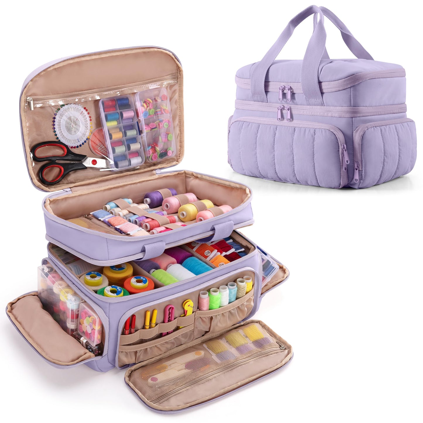 Marscamd Puffer Sewing Organizer Bag, Large Capacity with Multiple Pockets and Detachable Dividers, Storage Box for Threads, Needles, Scissors, Craft Supplies, Purple (Bag ONLY, NO Supplies)