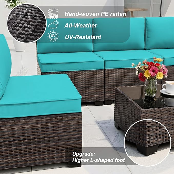 ALAULM 13 Pieces Patio Furniture Set with 2 Swivel Chairs Patio Furniture Outdoor Sectional Sofas with 55000 Gas Fire Pit Patio Conversation Set w/10 Cushions-Blue