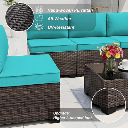 ALAULM 10 Pieces Outdoor Patio Furniture Set with Propane Fire Pit Table Outdoor Sectional Sofa Sets Patio Furniture 43" Gas Fire Pit Brown PE Rattan Patio Conversation Set w/8 Seat Cushions (Blue)