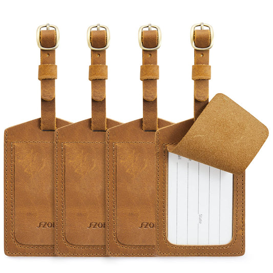 S-ZONE Leather Luggage Tags for Suitcases TSA Approved Baggage Tags ID Label for Backpack 4 Pieces Set