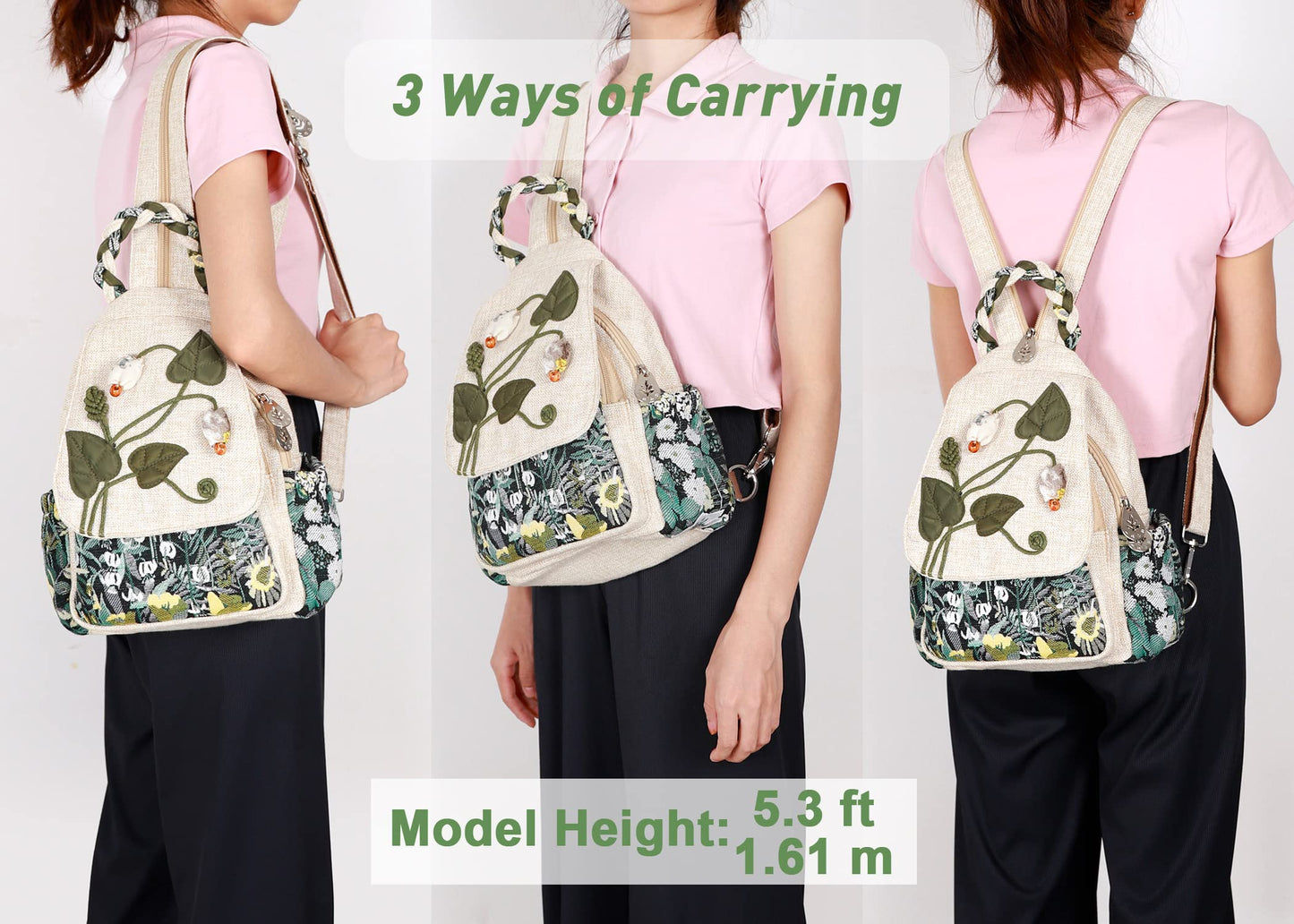 Girl's Convertible Sling Bag, Hand Craft Artisan Purse, Beautiful Canvas Premium Casual Day Mini Backpack for Women (Green Marsh)