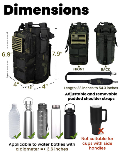 DEFUNX 32 Oz Water Bottle Holder with Strap Bottle Carrier Bag with Phone Pocket MOLLE System for Walking Black Camo