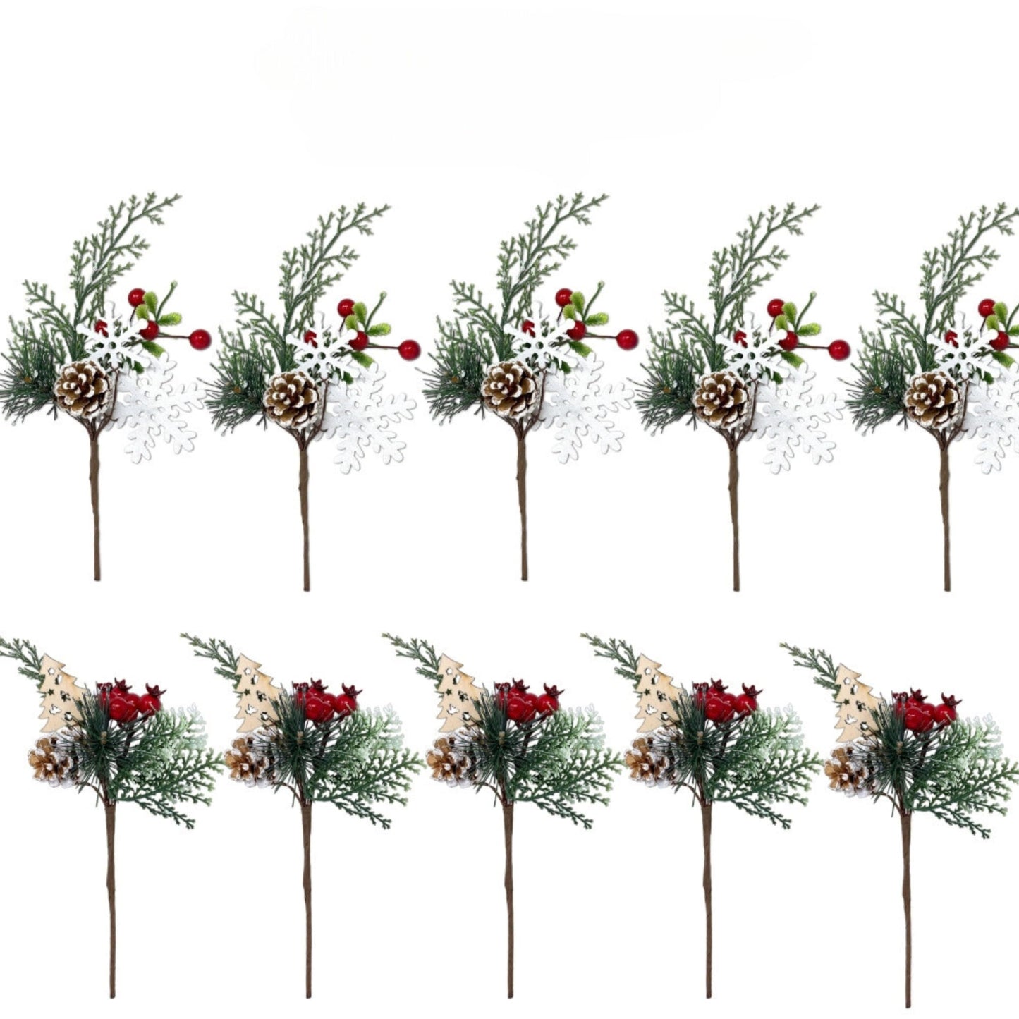 Christmas Floral Picks Set of 20, Snow Tip Pinecone Red Berry Sprays, 10 Inch Holiday Greenery Stems for Wreaths, Garlands, Christmas Tree Decor, Flower Arrangements, DIY Winter Crafts, 2 Styles