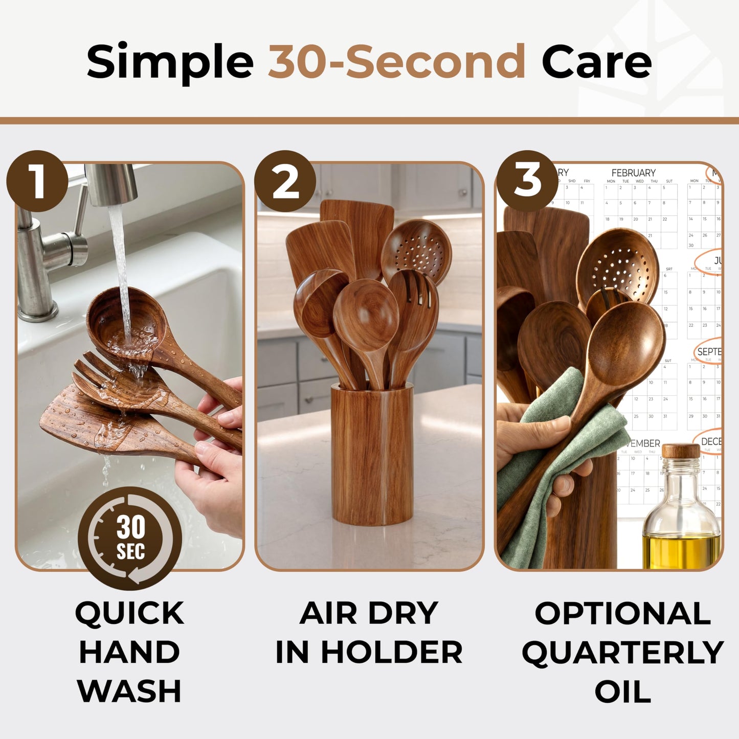Wooden Utensil Set 8 Pcs – Sturdy & Easy to Clean, Natural Teak Wooden Spoons for Cooking – Non-Scratch Cooking Utensils with Spatula, Turner, Ladle, Spoons, Skimmer, Holder, Spoon Rest & 6 Hooks