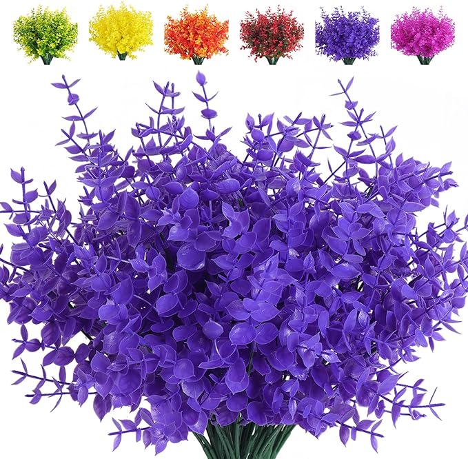 RECUTMS Artificial Plants Outdoor Artificial Ferns for Outdoors Purple Plants Outside Plastic Flowers for Outdoors Purple Outdoor Artificial Boxwood Fake Plants for Window Box(Pure Purple Eucalyptus)