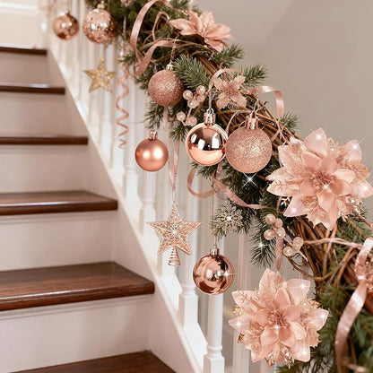 76Pcs Christmas Tree Decorations Set, Rose Gold Assorted Ornaments with Large Shatterproof Plastic Balls, Star Tree Topper, Glitter Berries Stems, Ribbon for Indoor Garland Home Holiday Wedding Decor