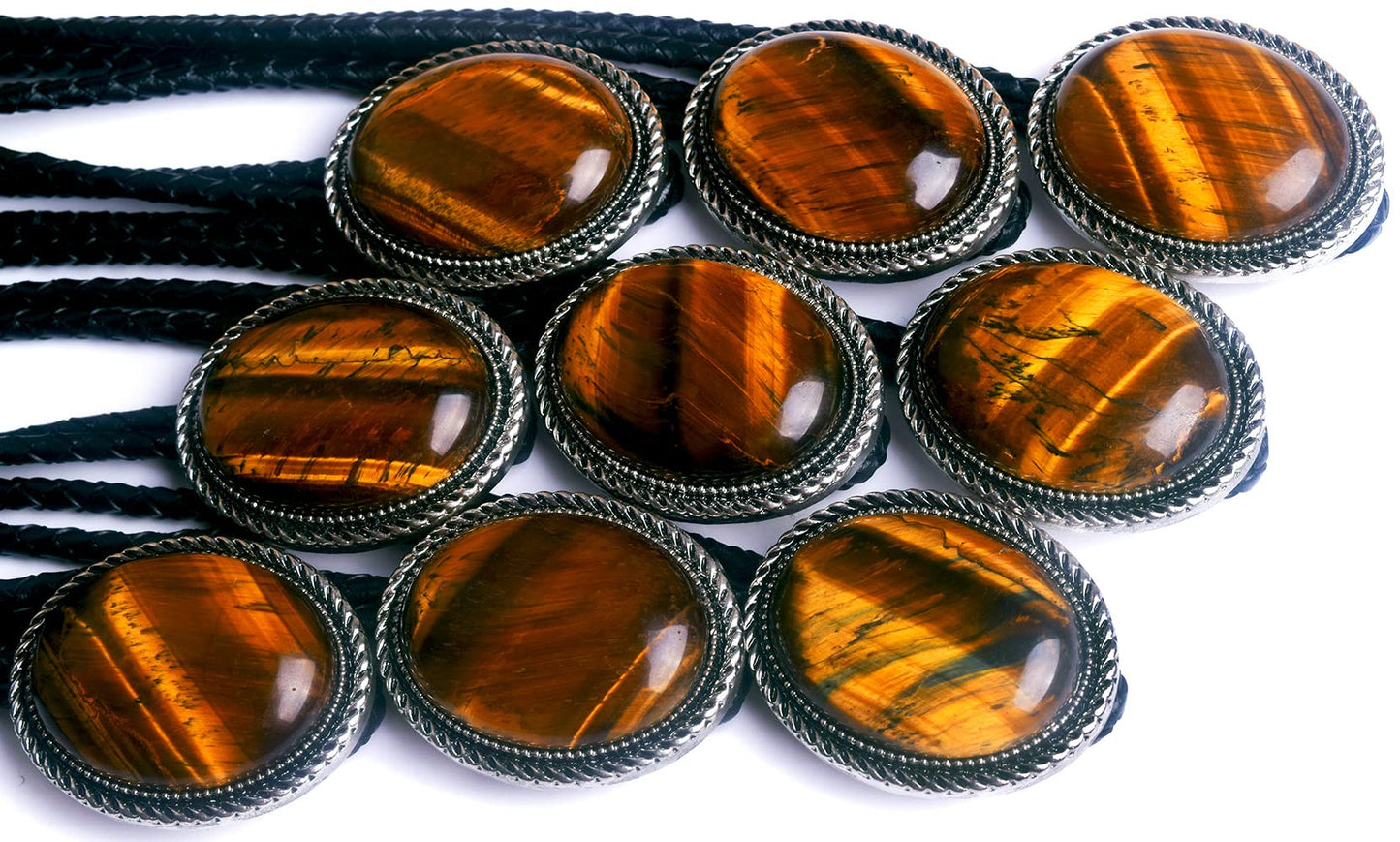 Moranse Bolo Tie with Natural Tiger Eye Stone Celtic Style Genuine and Cowhide Rope(Tiger Eyes 3 Style)