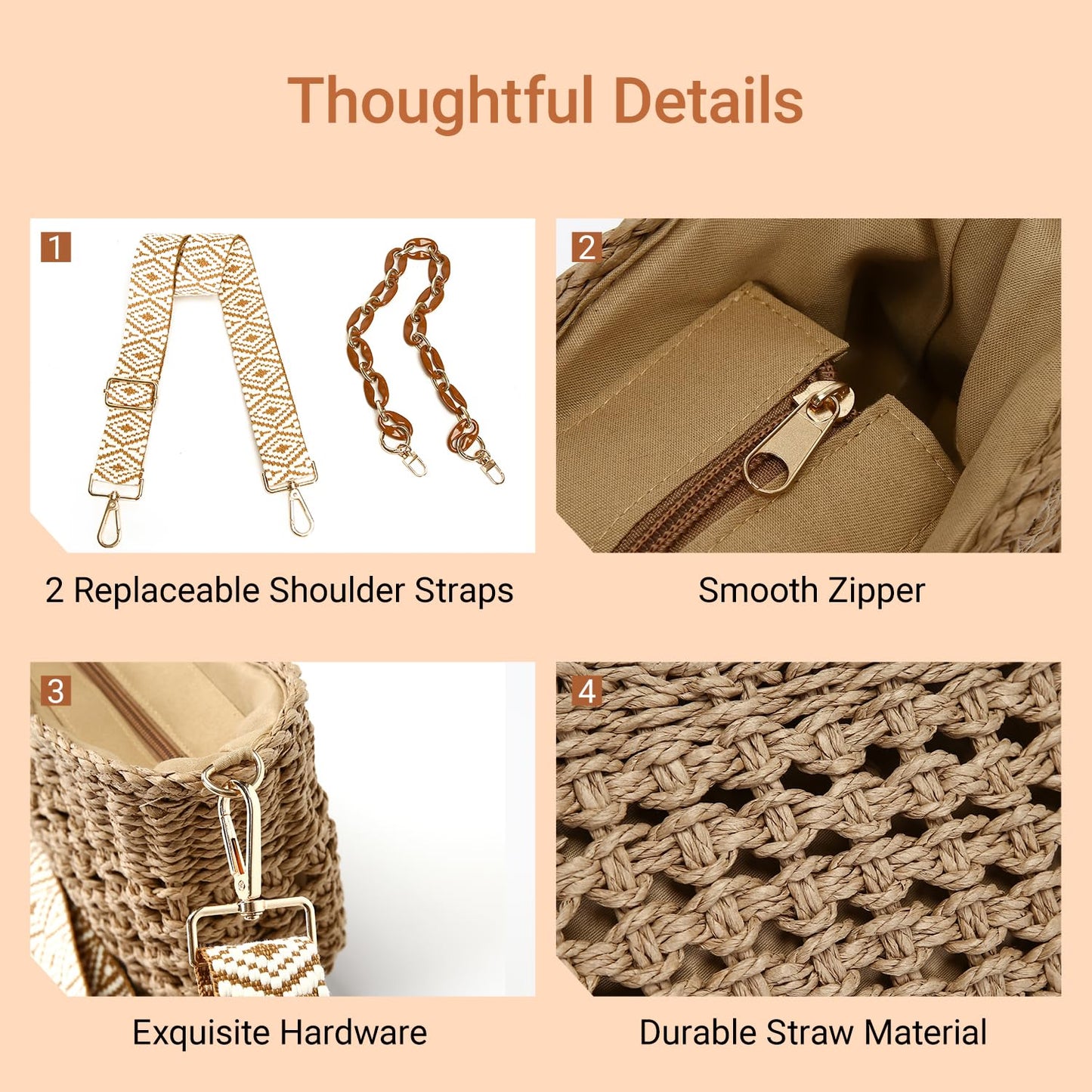 Herald Small Summer Crossbody Bags for Women, Beach Handmade Straw Woven Pocketbooks Handbag Shoulder Purse (Hollow Out Coffee)