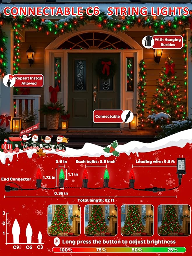 Upgraded 250 LED C6 Connectable Christmas String Lights Red and Green, 82FT Waterproof Christmas Twinkle Light Outdoor, Plug in Fairy Lights Indoor with 13 Modes & Timer for Christmas Tree Decorations